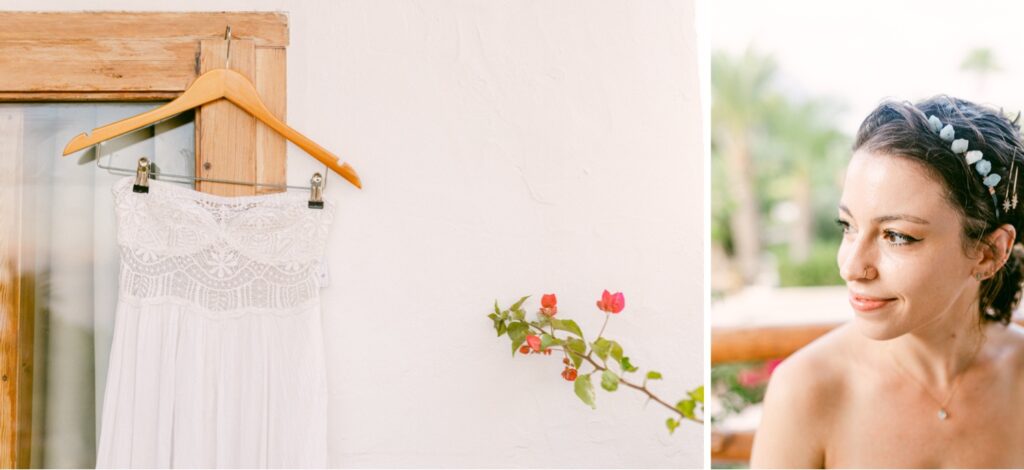 A bohemian white wedding dress hanging elegantly in a sunlit Ibiza villa, with intricate lace details.