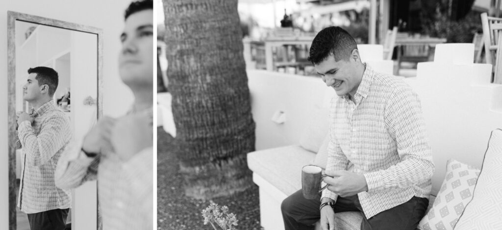 The groom smiling warmly while holding a coffee cup, dressed casually in the morning light, captured by Jenni Summer Studios during an Ibiza elopement.