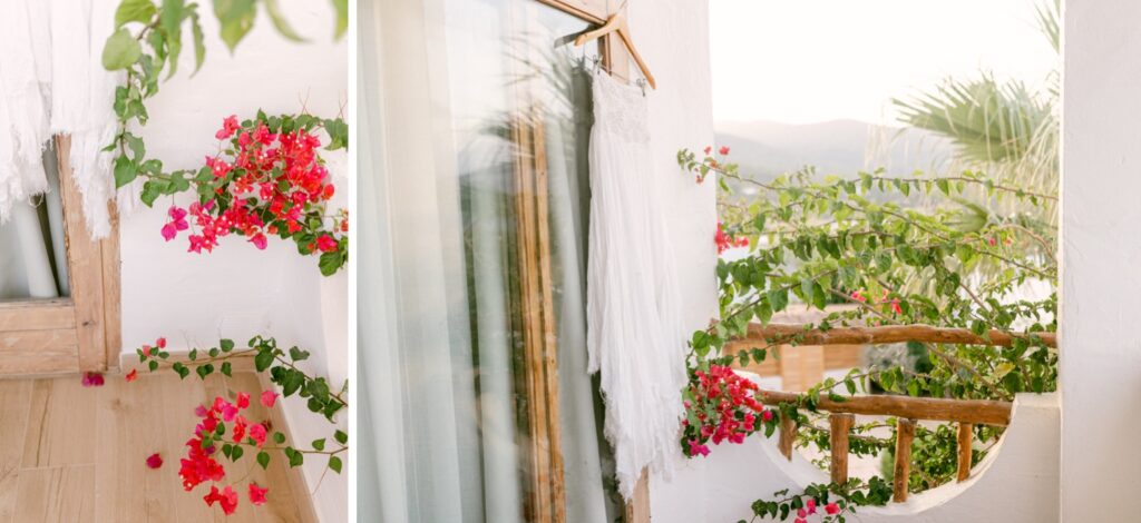 A flowing white wedding dress framed by vibrant bougainvillea flowers at an Ibiza villa, bathed in the golden light of sunrise, a moment beautifully captured by Jenni Summer Studios